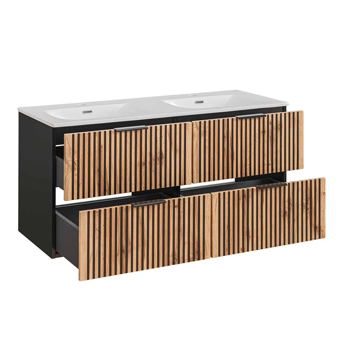 Ensemble meuble double vasque encastrée 120cm colonne et 3 armoires murales Gaia Bois et Noir - vue 4