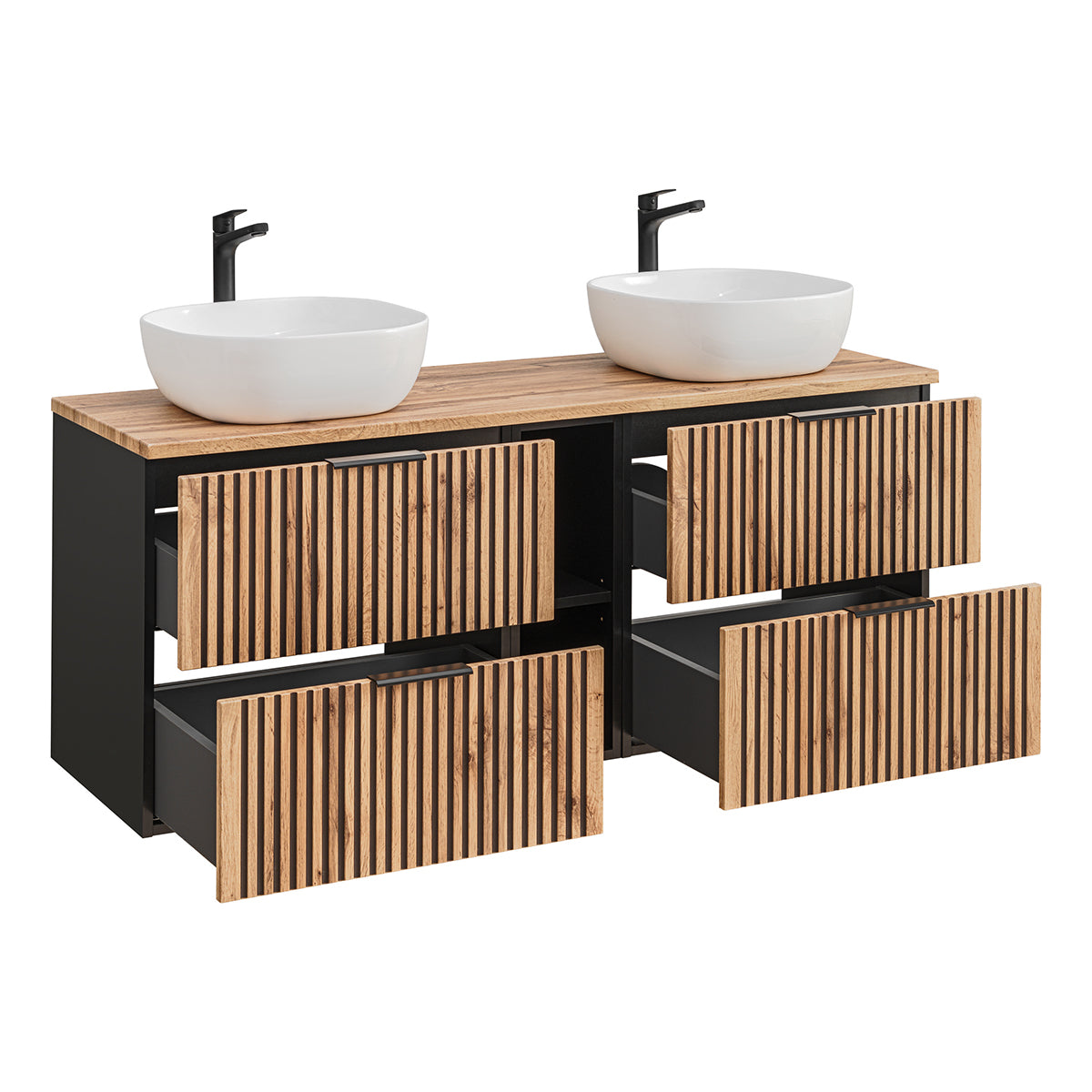Ensemble meuble double vasque 140cm 2 niches et colonne Gaia Bois et Noir - vue 4