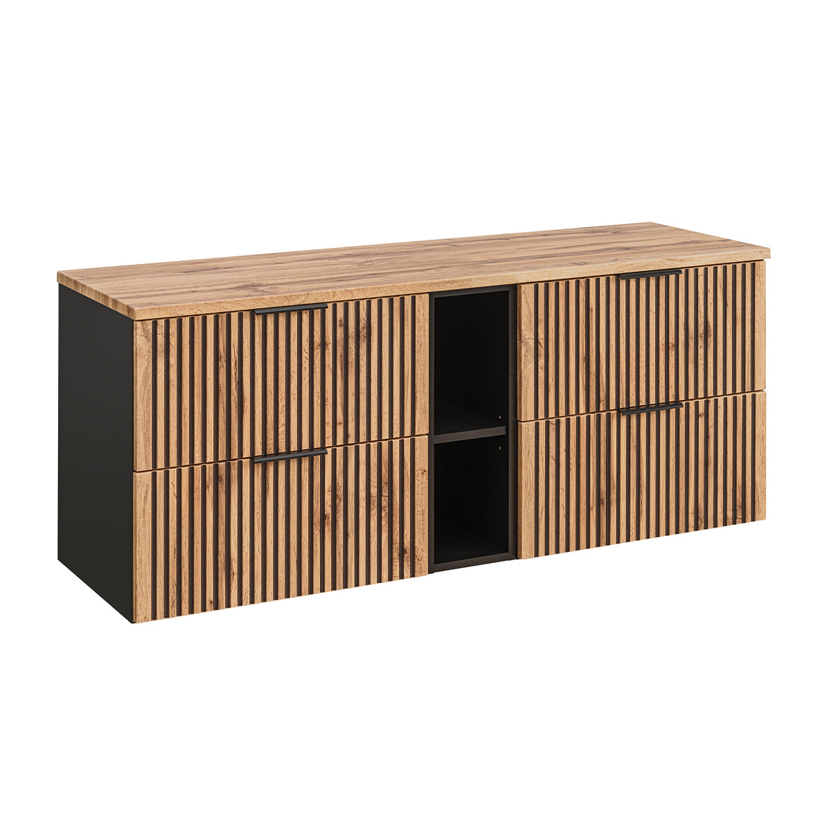 Meuble double vasque 140cm 2 niches Gaia Bois et Noir - Vasque Noir - vue 2