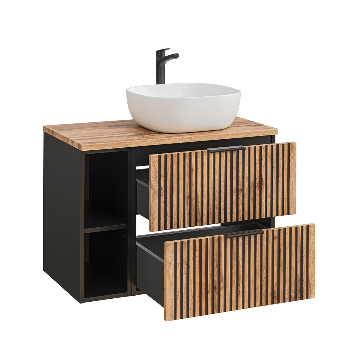 Ensemble meuble simple vasque 80cm 2 niches et colonne Gaia Bois et Noir - vue 4