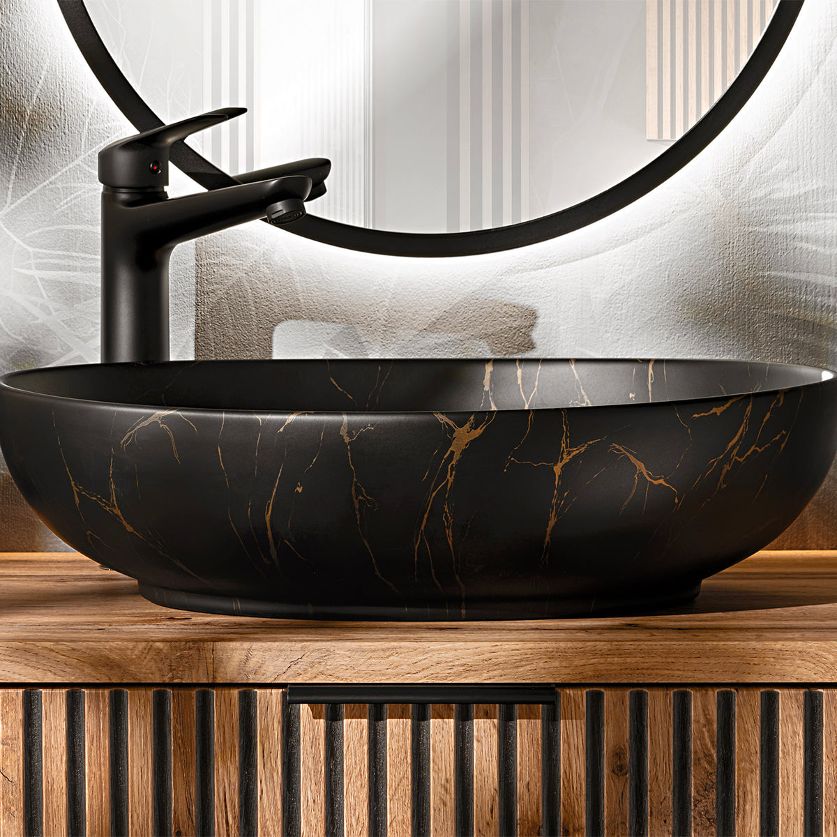 Ensemble meuble double vasque 140cm 2 niches colonne et 3 armoires murales Gaia Bois et Noir - Vasque Noir - vue 11