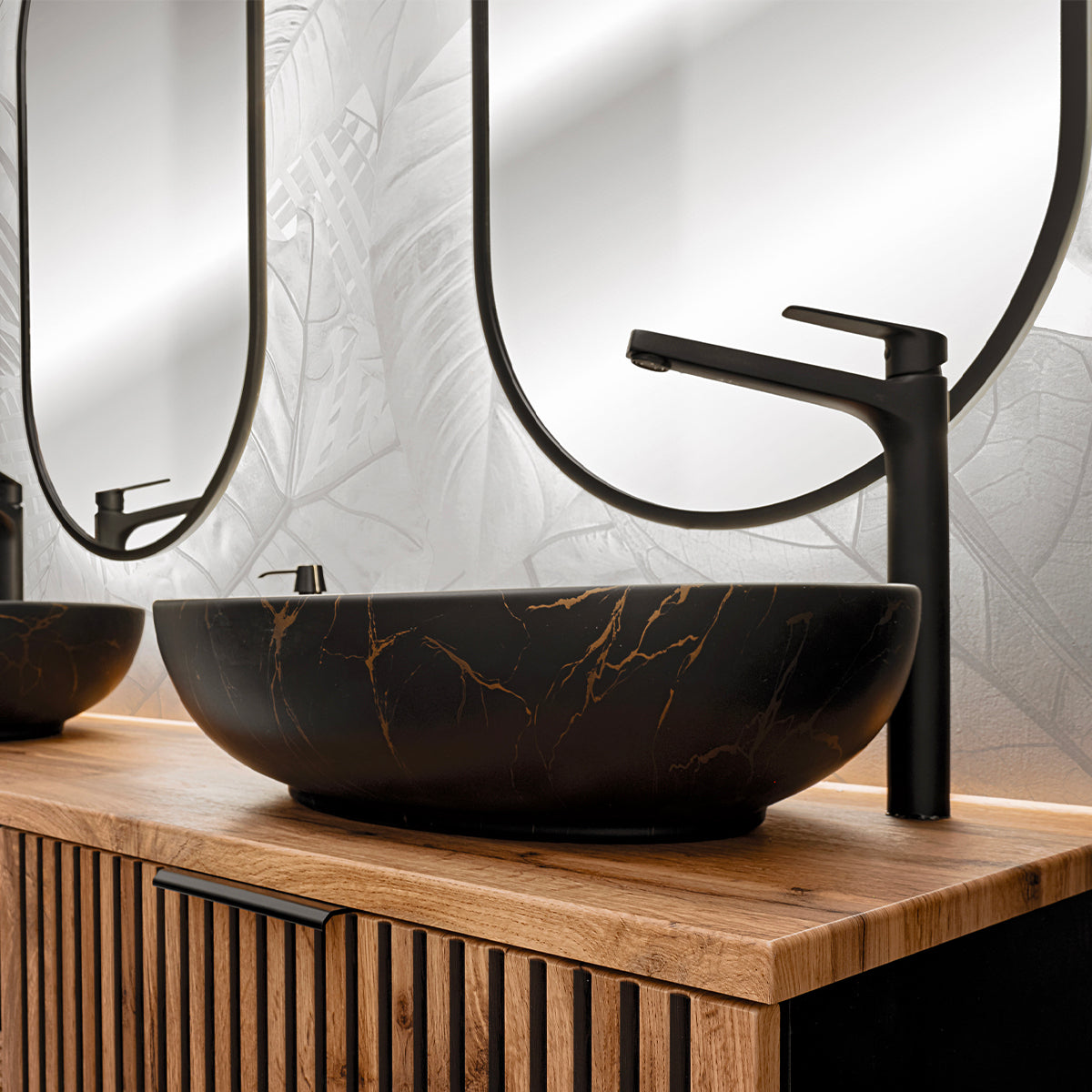 Meuble simple vasque 100cm Gaia Bois et Noir - Vasque Noir - vue 5