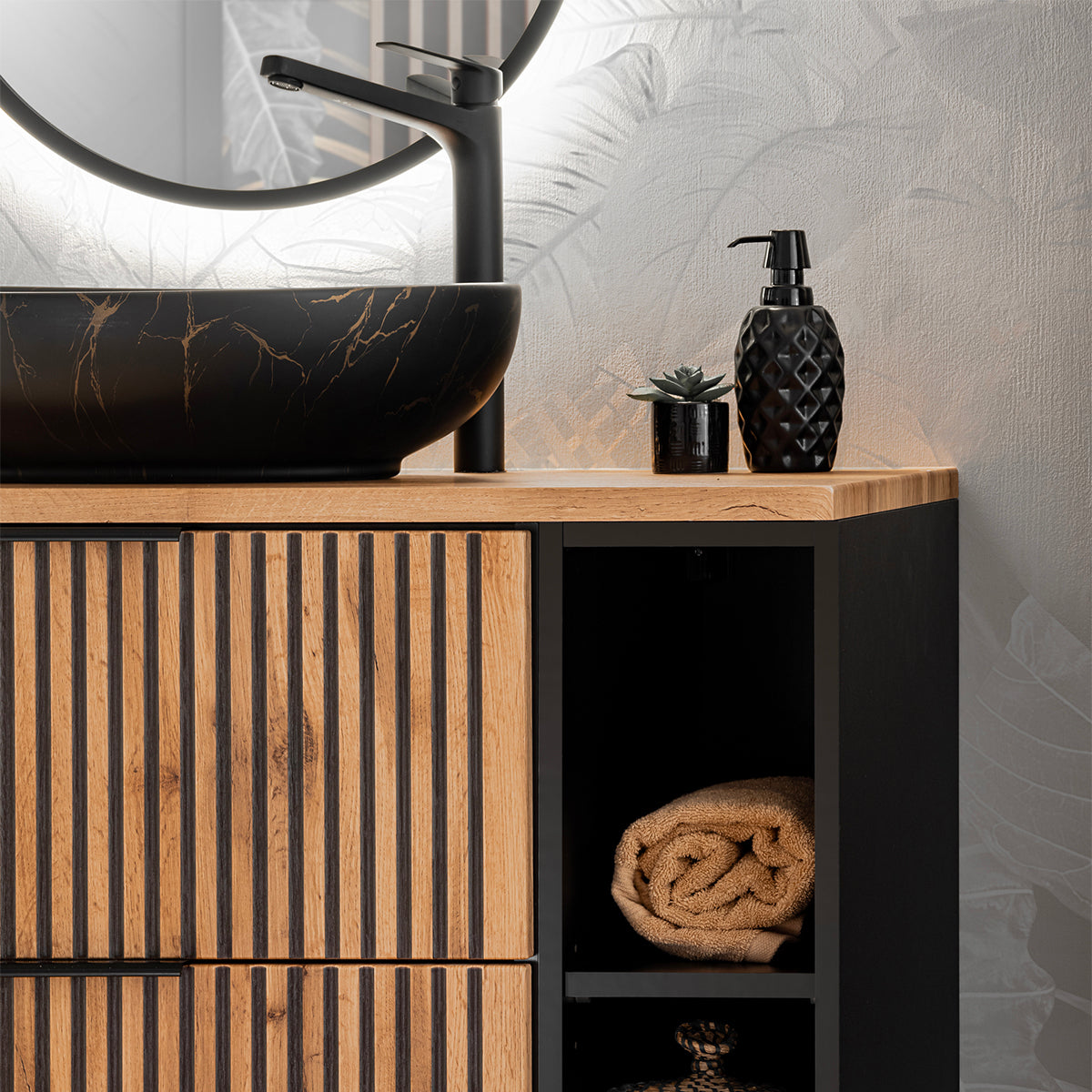 Ensemble meuble simple vasque 80cm 2 niches miroir LED et colonne Gaia Bois et Noir - Vasque Noir - vue 9