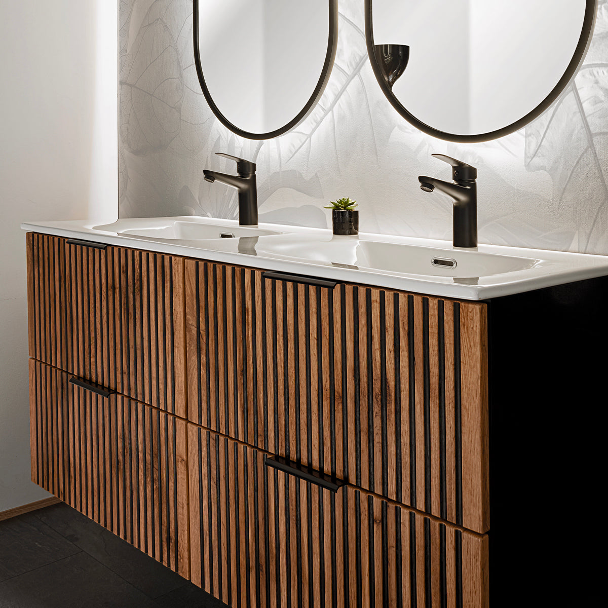 Ensemble meuble double vasque encastrée 120cm miroirs LED colonne et 3 armoires murales Gaia Bois et Noir - vue 10