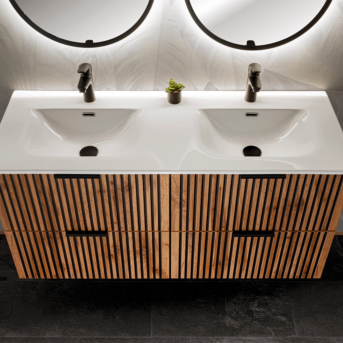 Ensemble meuble double vasque encastrée 120cm miroirs LED colonne et 3 armoires murales Gaia Bois et Noir - vue 9