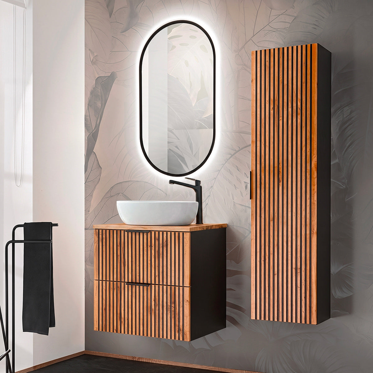 Ensemble meuble simple vasque 60cm et colonne Gaia Bois et Noir