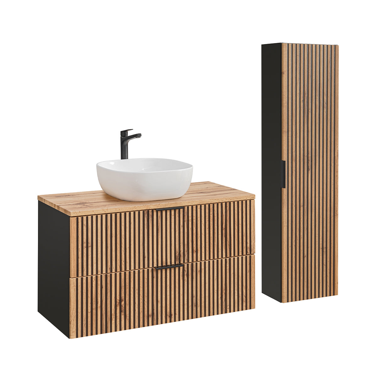 Ensemble meuble simple vasque 100cm et colonne Gaia Bois et Noir - vue 2