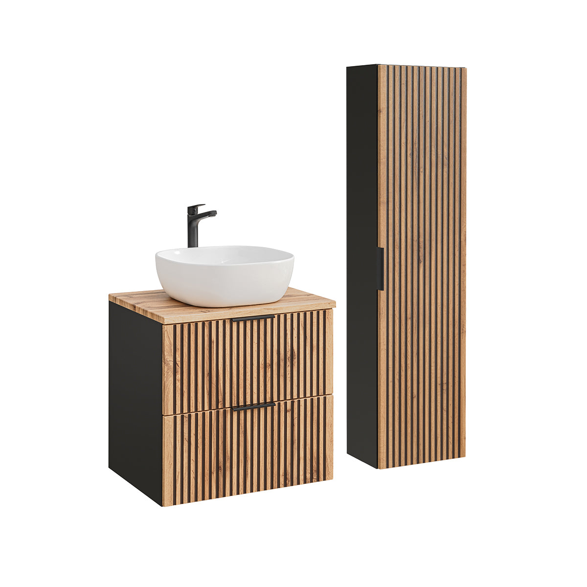 Ensemble meuble simple vasque 60cm et colonne Gaia Bois et Noir - vue 2