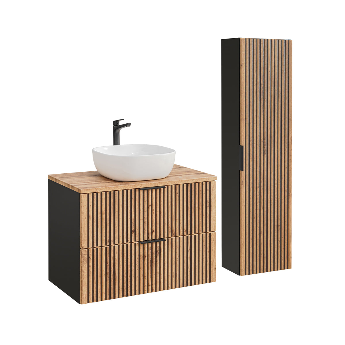 Ensemble meuble simple vasque 80cm et colonne Gaia Bois et Noir - vue 2