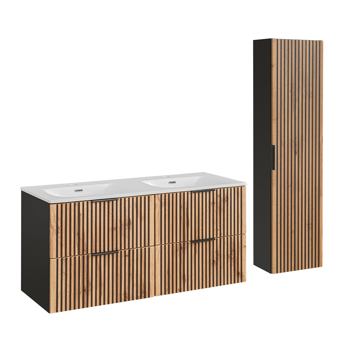 Ensemble meuble double vasque encastrée 120cm et colonne Gaia Bois - vue 2