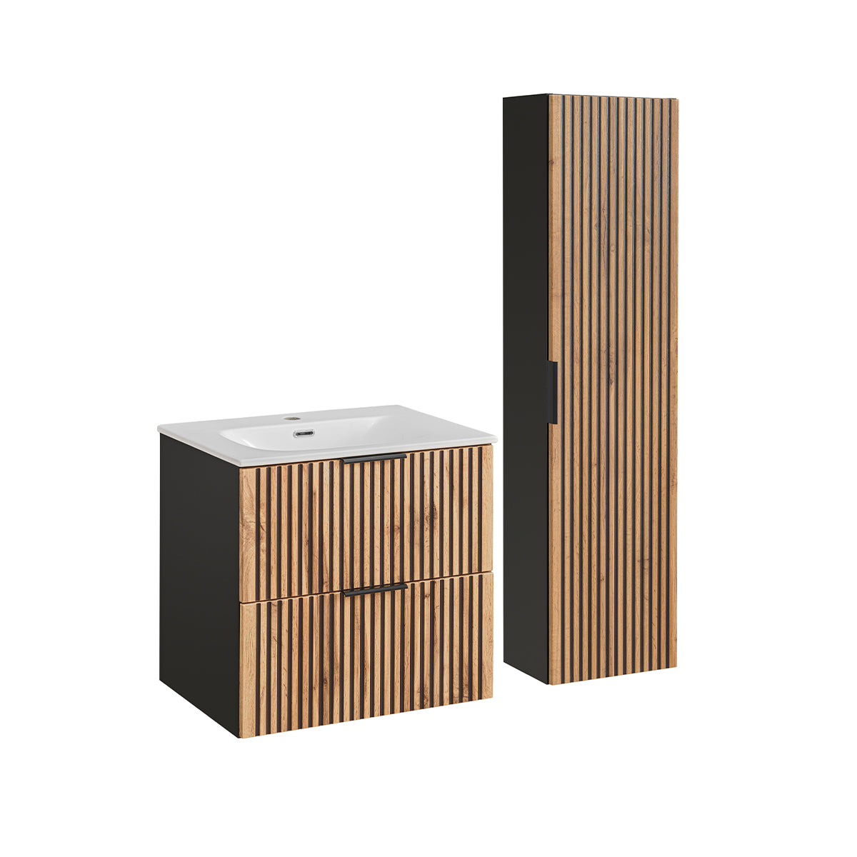 Ensemble meuble simple vasque encastrée 60cm et colonne Gaia Bois et Noir - vue 2