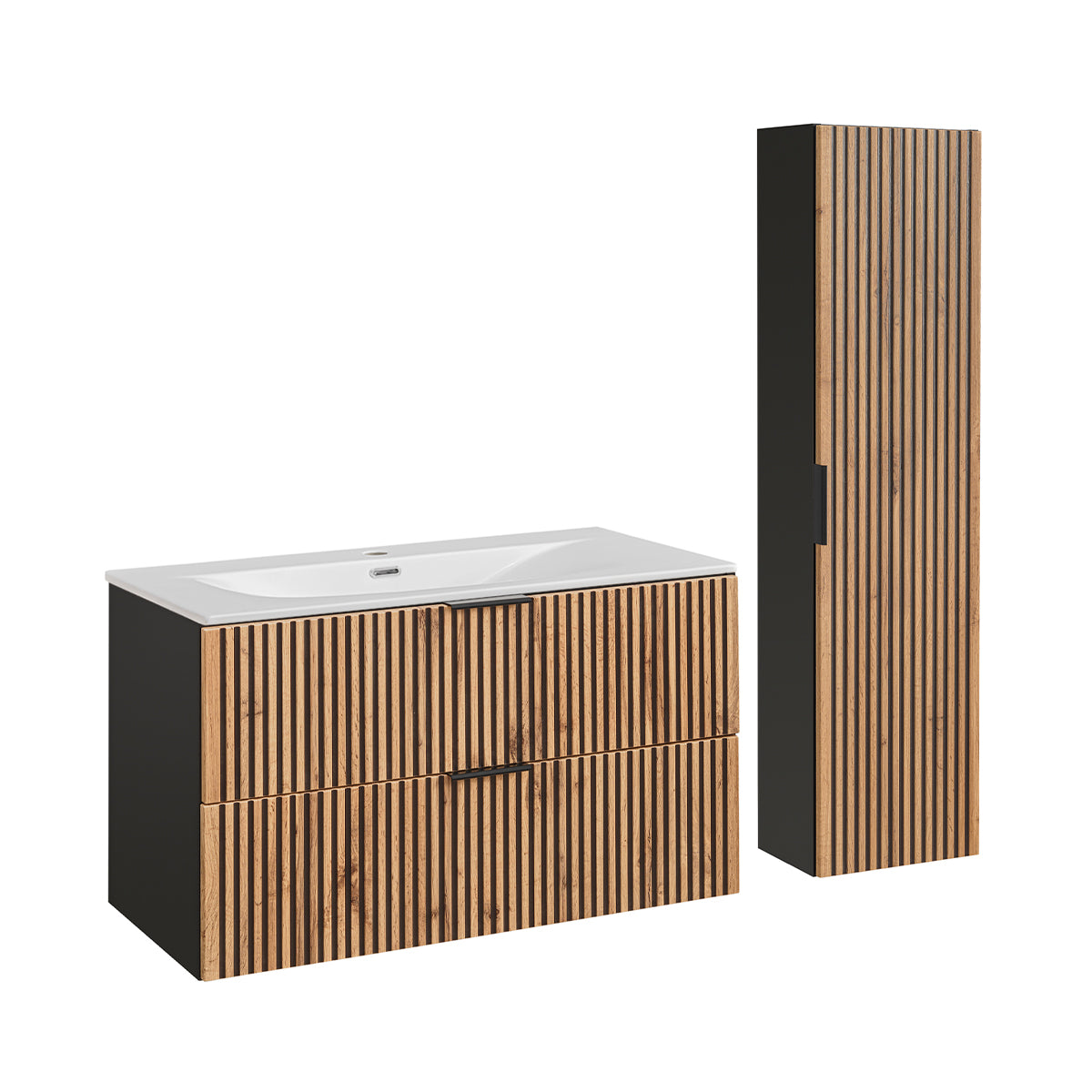 Ensemble meuble simple vasque encastrée 100cm et colonne Gaia Bois et Noir - vue 2