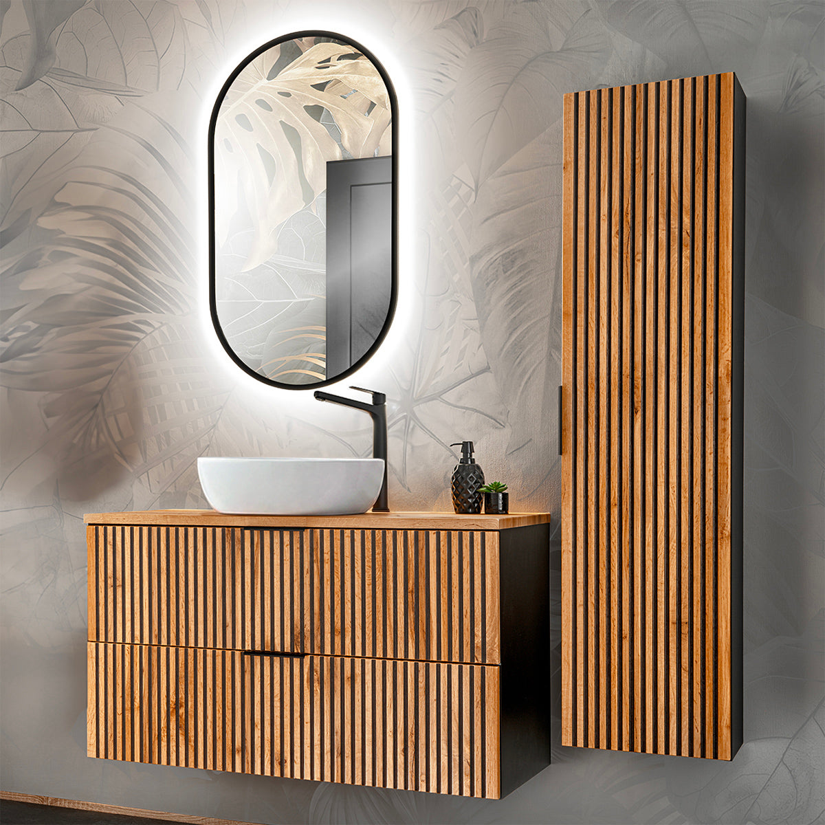 Ensemble meuble simple vasque 100cm et colonne Gaia Bois et Noir