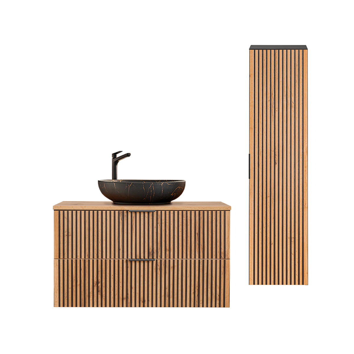 Ensemble meuble simple vasque 100cm et colonne Gaia Bois et Noir - Vasque Noir - vue 2