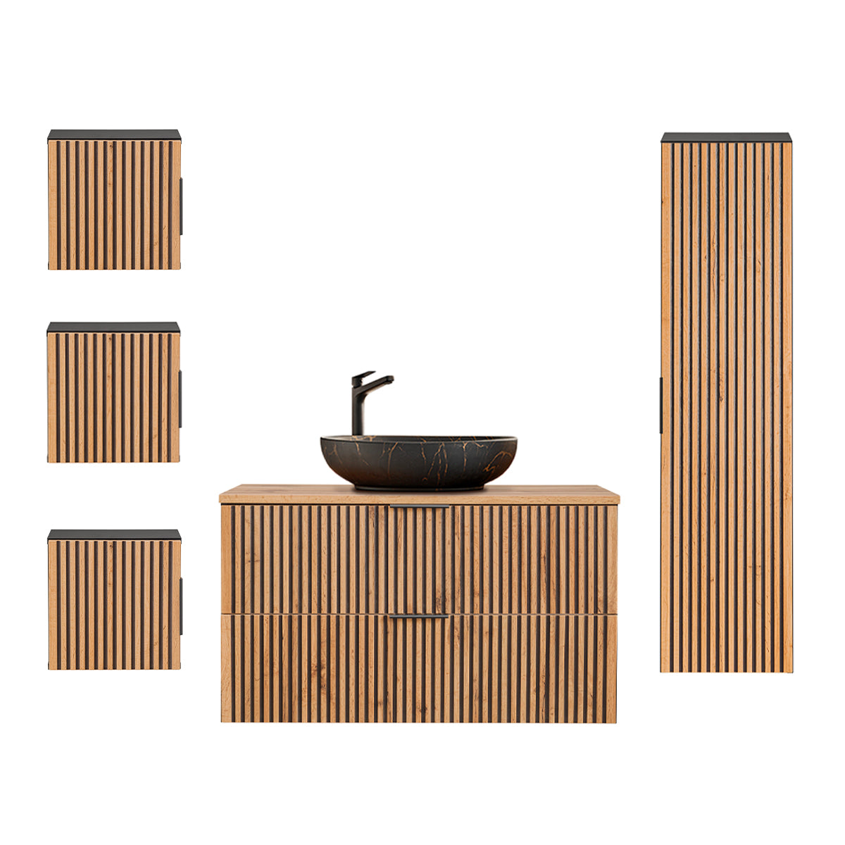 Ensemble meuble simple vasque 100cm colonne et 3 armoires murales Gaia Bois et Noir - Vasque Noir - vue 2