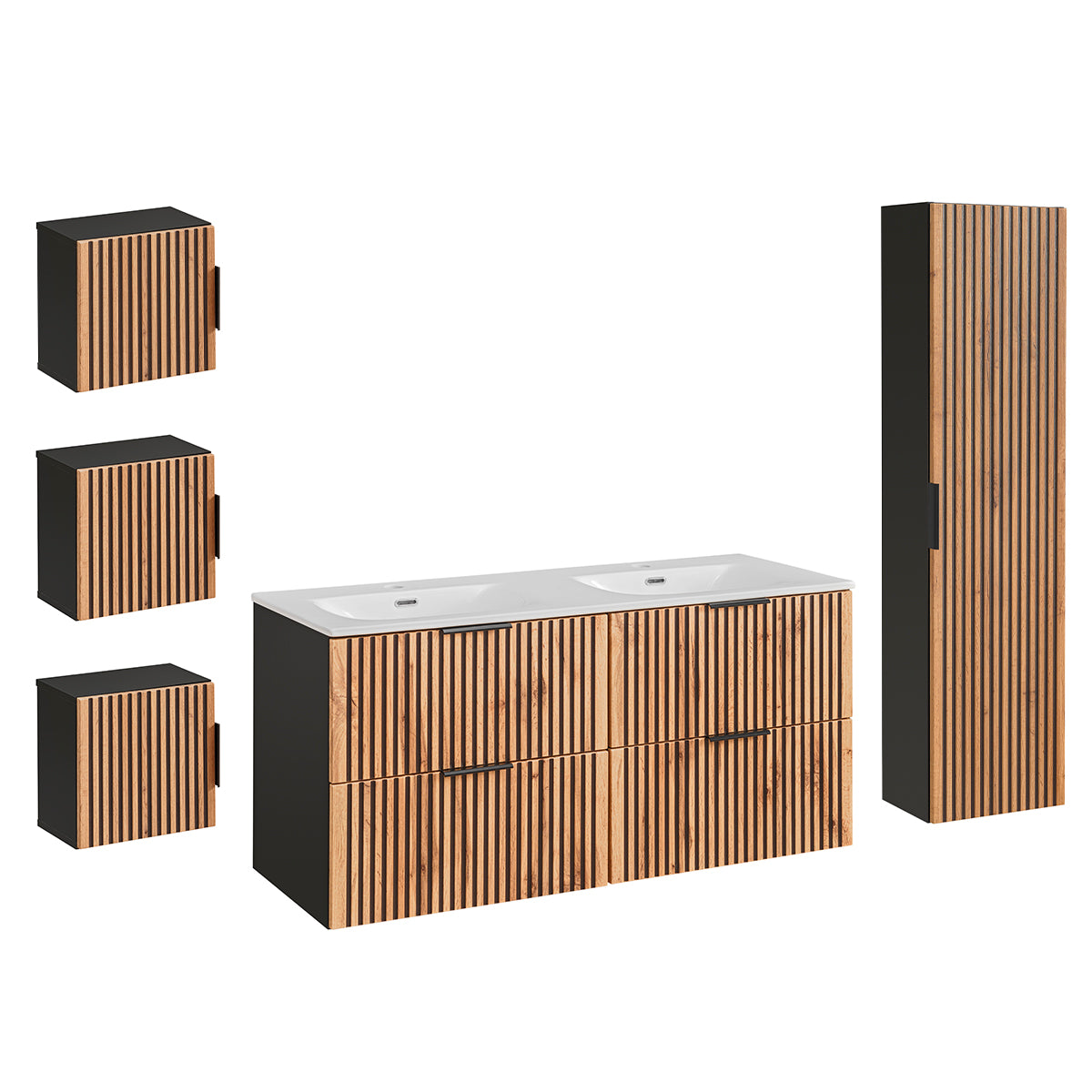 Ensemble meuble double vasque encastrée 120cm colonne et 3 armoires murales Gaia Bois et Noir - vue 2