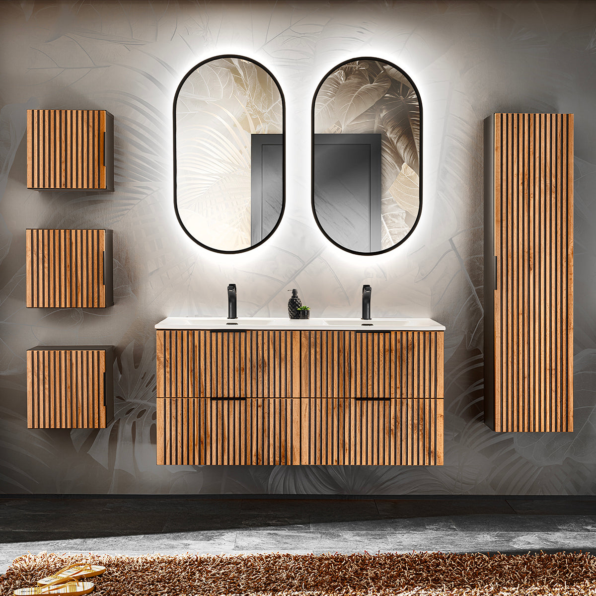 Ensemble meuble double vasque encastrée 120cm colonne et 3 armoires murales Gaia Bois et Noir