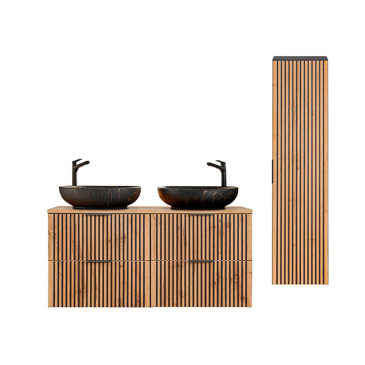 Ensemble meuble double vasque 120cm et colonne Gaia Bois et Noir - Vasque Noir - vue 2