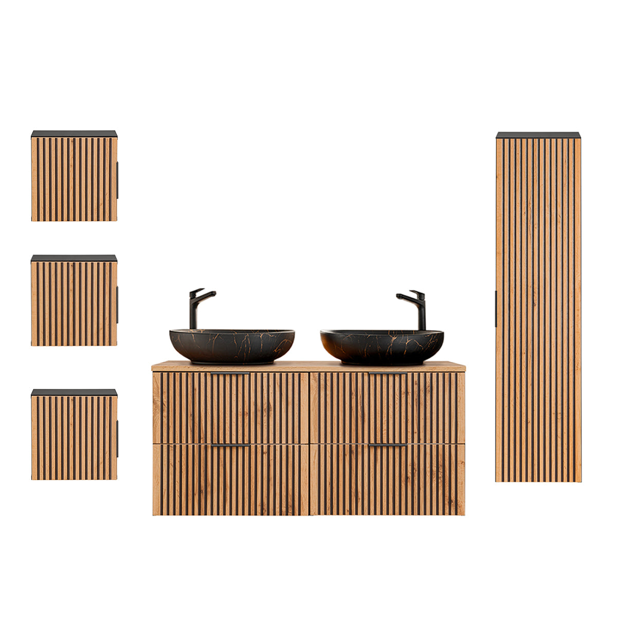 Ensemble meuble double vasque 120cm colonne et 3 armoires murales Gaia Bois et Noir - Vasque Noir - vue 2