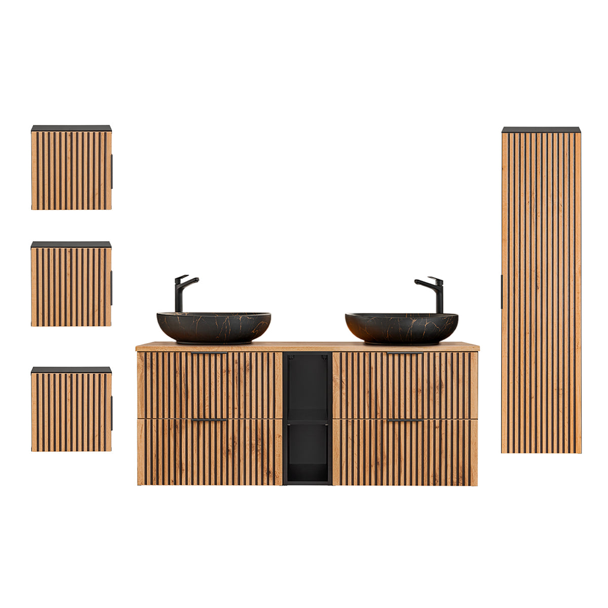 Ensemble meuble double vasque 140cm 2 niches colonne et 3 armoires murales Gaia Bois et Noir - Vasque Noir - vue 2
