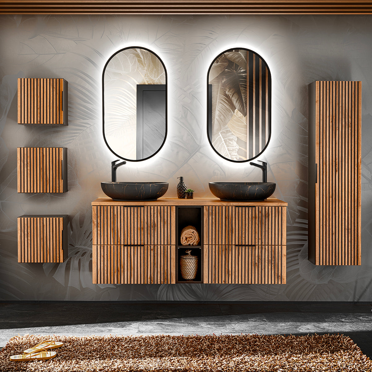 Ensemble meuble double vasque 140cm 2 niches colonne et 3 armoires murales Gaia Bois et Noir - Vasque Noir