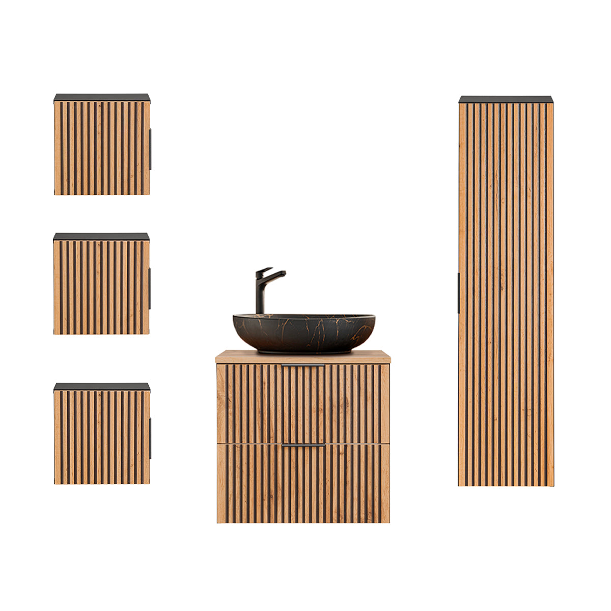 Ensemble meuble simple vasque 60cm colonne et 3 armoires murales Gaia Bois et Noir - Vasque Noir - vue 2
