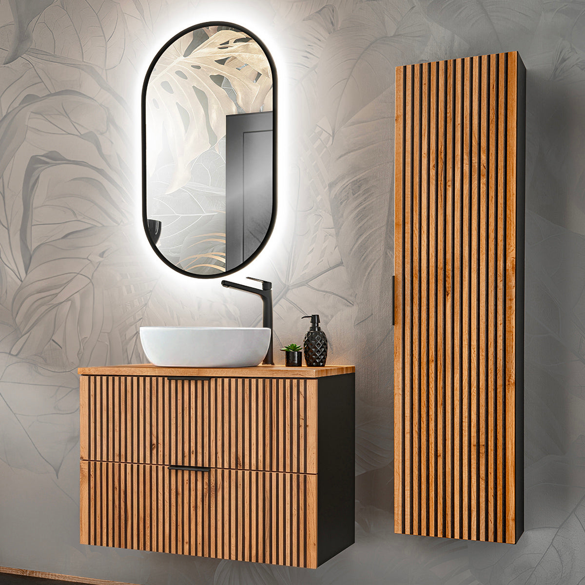 Ensemble meuble simple vasque 80cm et colonne Gaia Bois et Noir