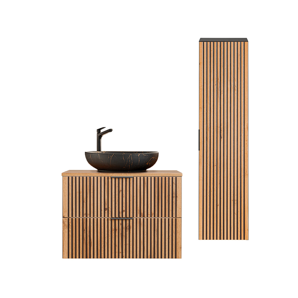 Ensemble meuble simple vasque 80cm et colonne Gaia Bois et Noir - Vasque Noir - vue 2