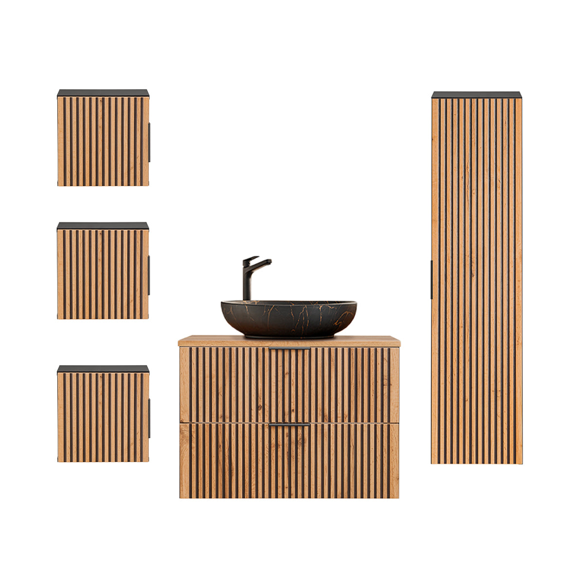 Ensemble meuble simple vasque 80cm colonne et 3 armoires murales Gaia Bois et Noir - Vasque Noir - vue 2