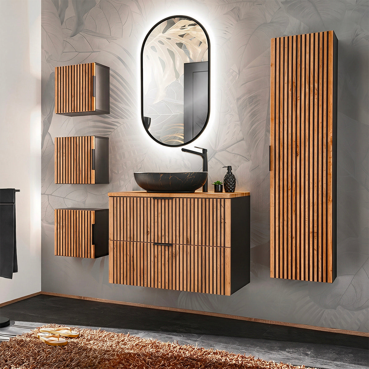Ensemble meuble simple vasque 80cm colonne et 3 armoires murales Gaia Bois et Noir - Vasque Noir