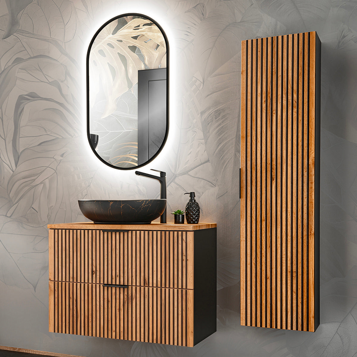 Ensemble meuble simple vasque 80cm et colonne Gaia Bois et Noir - Vasque Noir