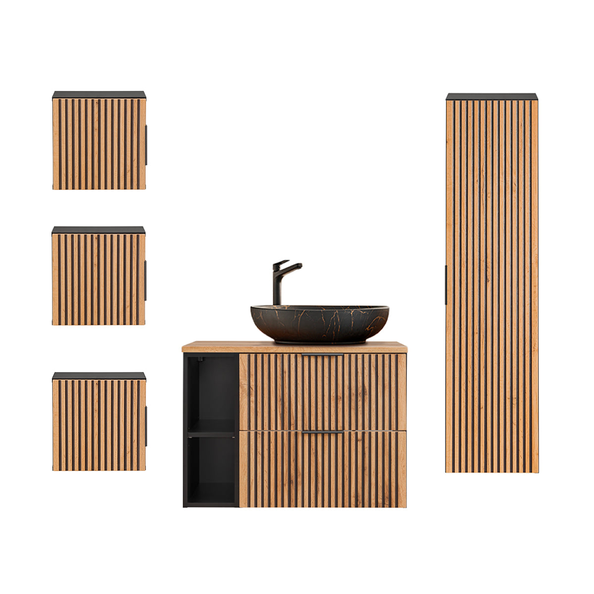 Ensemble meuble simple vasque 80cm 2 niches colonne et 3 armoires murales Gaia Bois et Noir - Vasque Noir - vue 2