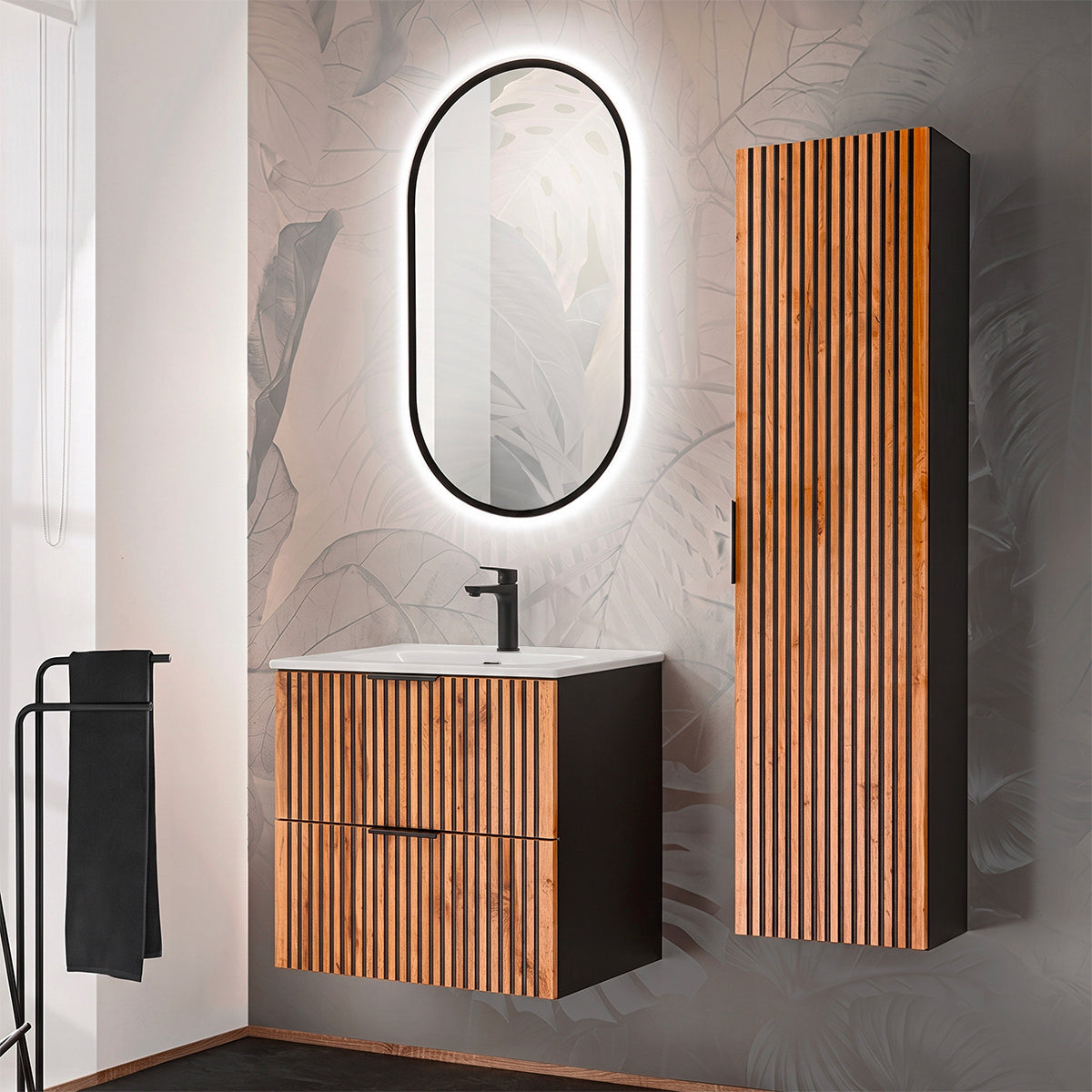 Ensemble meuble simple vasque encastrée 60cm et colonne Gaia Bois et Noir