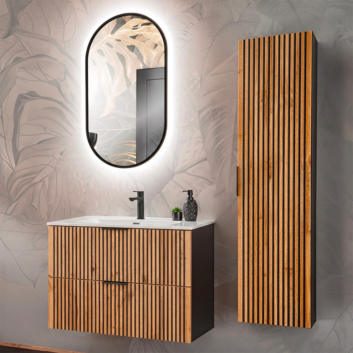 Ensemble meuble simple vasque encastrée 80cm et colonne Gaia Bois et Noir