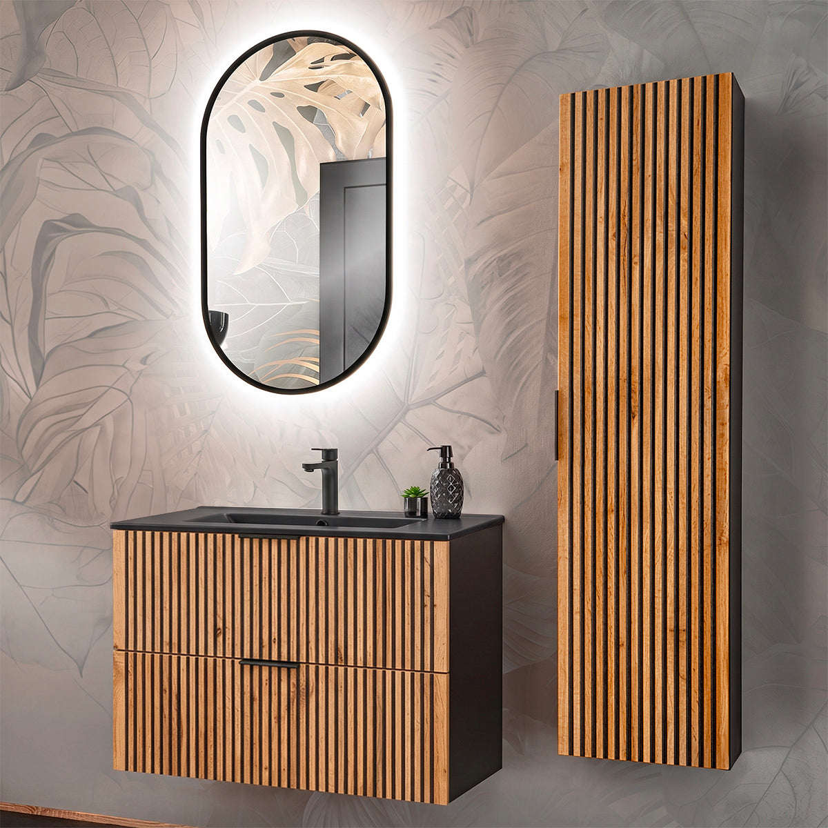 Ensemble meuble simple vasque encastrée 80cm et colonne Gaia Bois et Noir - Vasque Noir