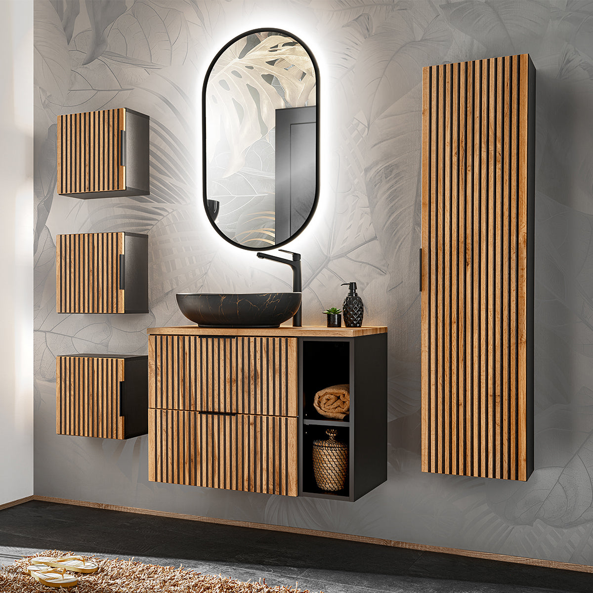 Armoire murale 1 porte Gaia Noir et Bois - vue 5