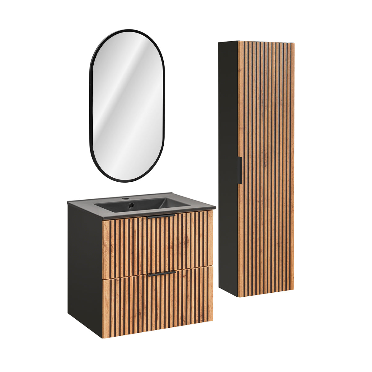 Ensemble meuble simple vasque encastrée 60cm miroir LED et colonne Gaia Bois et Noir - Vasque Noir - vue 2