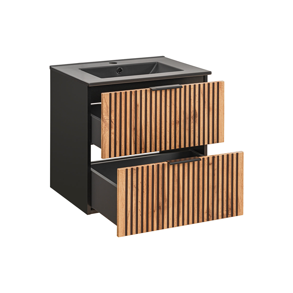 Meuble simple vasque encastrée 60cm Gaia Bois et Noir - Vasque Noir - vue 2