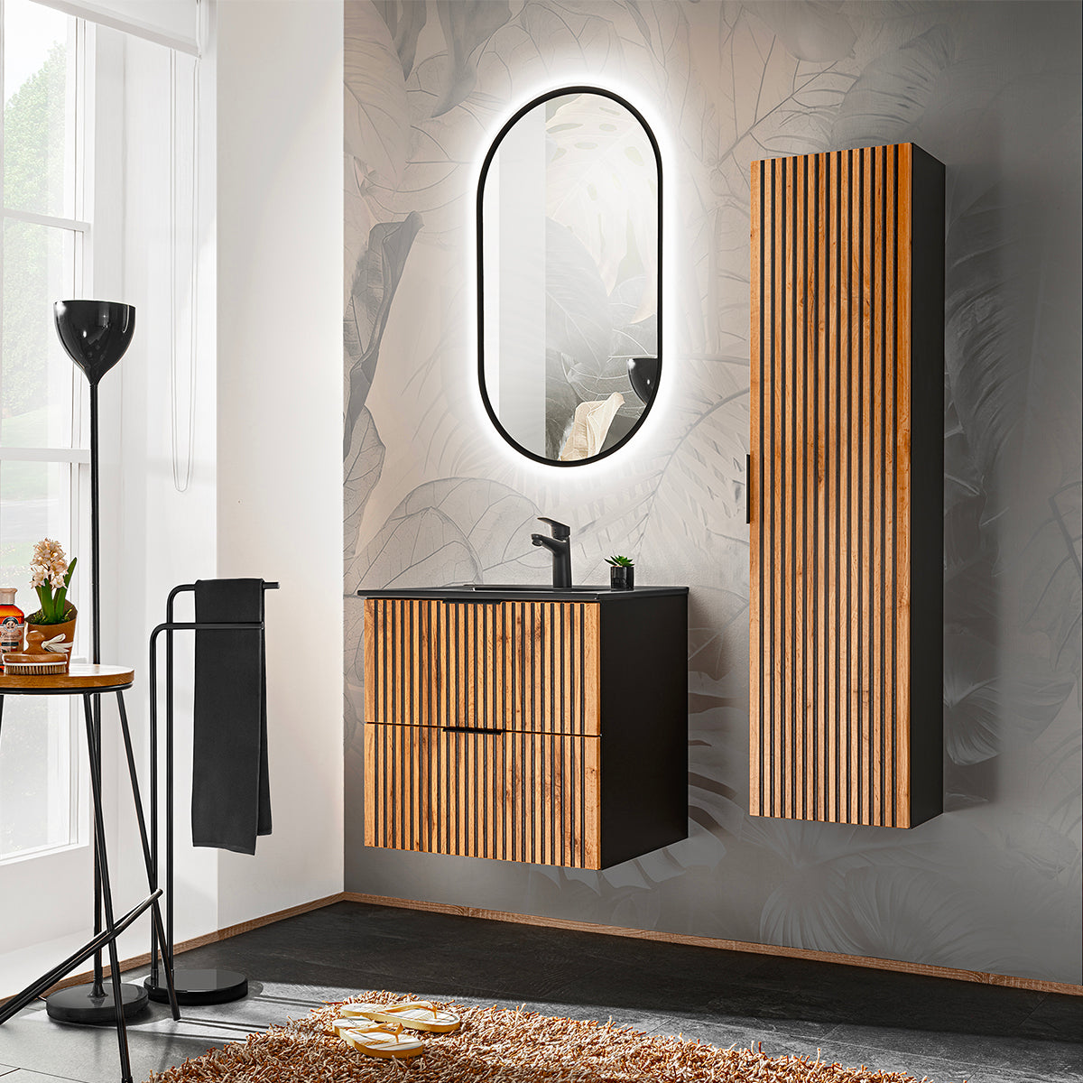 Meuble simple vasque encastrée 60cm Gaia Bois et Noir - Vasque Noir - vue 4