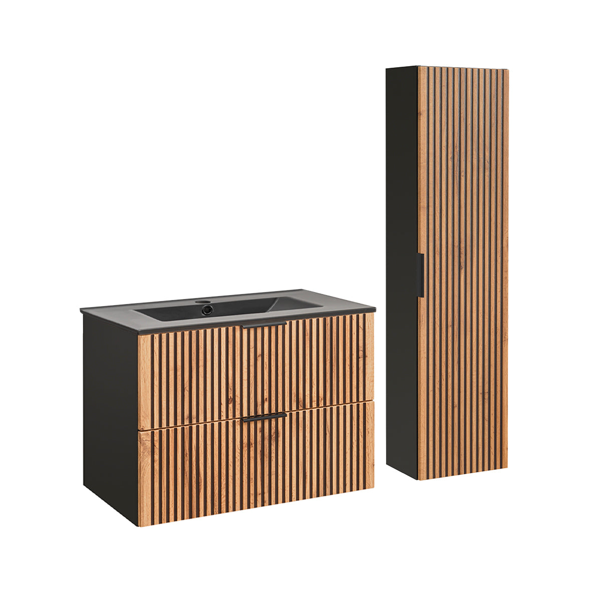 Ensemble meuble simple vasque encastrée 80cm et colonne Gaia Bois et Noir - Vasque Noir - vue 2