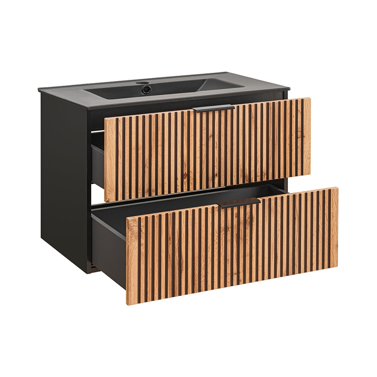 Meuble simple vasque encastrée 80cm Gaia Bois et Noir - Vasque Noir - vue 2