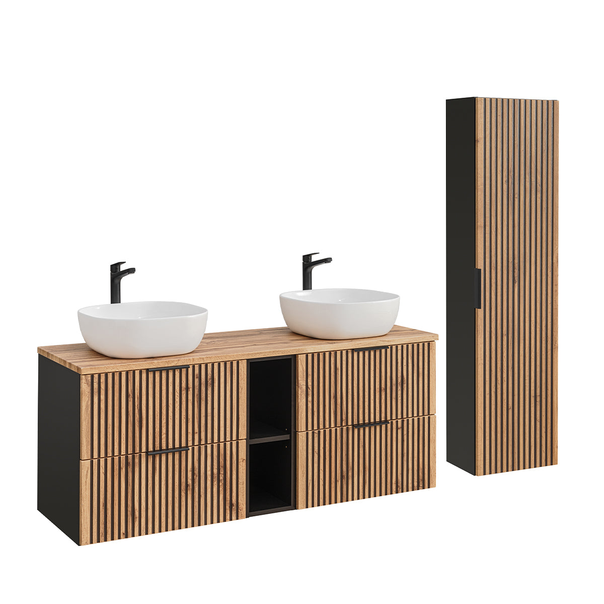 Ensemble meuble double vasque 140cm 2 niches et colonne Gaia Bois et Noir - vue 2