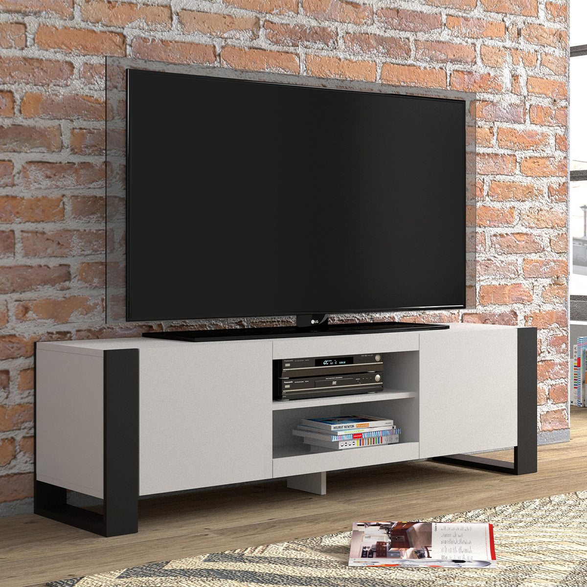 Meuble TV 2 portes 158 cm Gani Blanc et Noir - vue 3