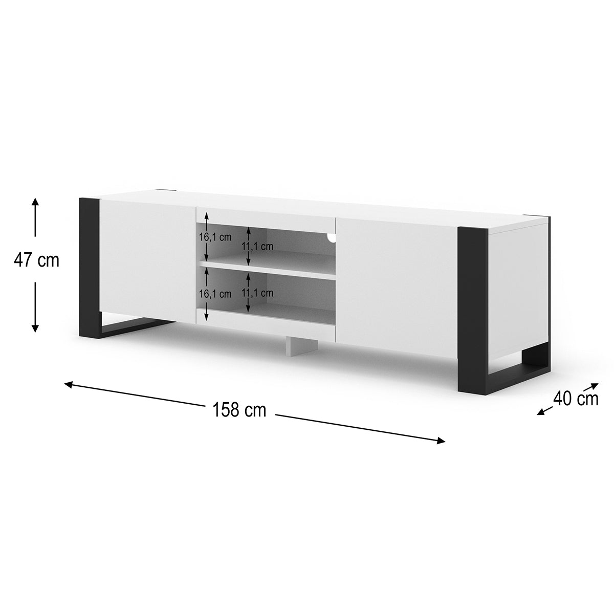 Meuble TV 2 portes 158 cm Gani Blanc et Noir - vue 4