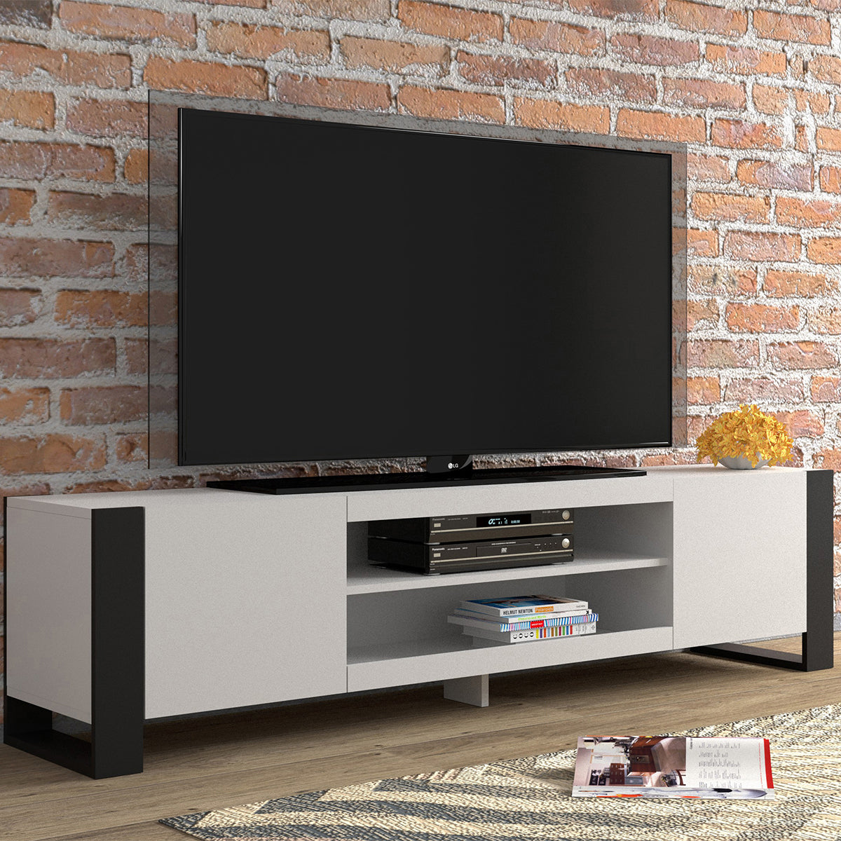 Meuble TV 2 portes 188 cm Gani Blanc et Noir - vue 3