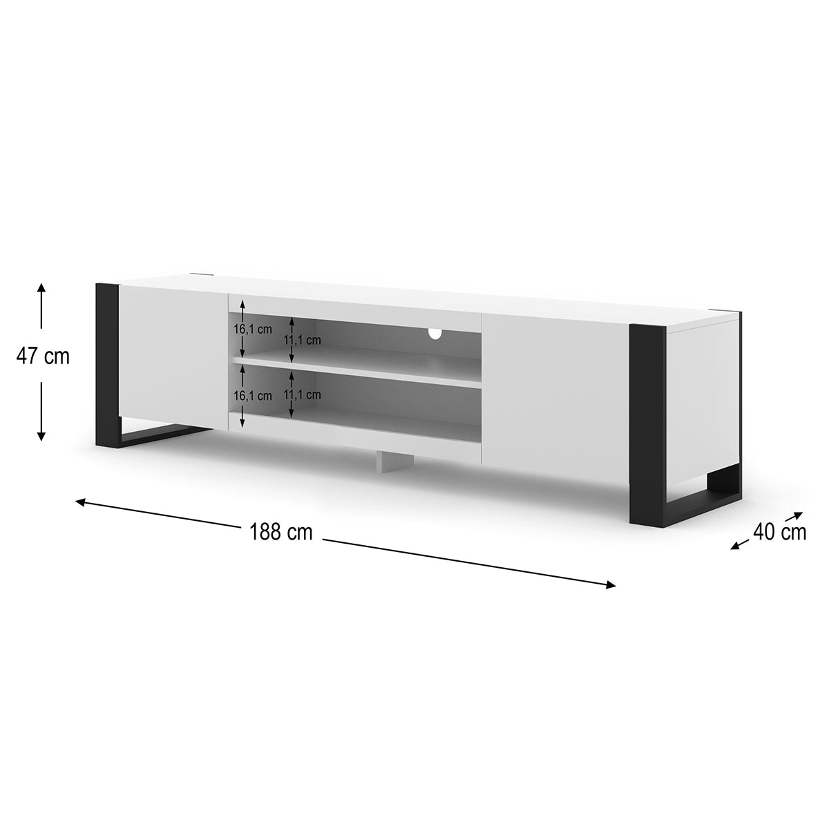 Meuble TV 2 portes 188 cm Gani Blanc et Noir - vue 4