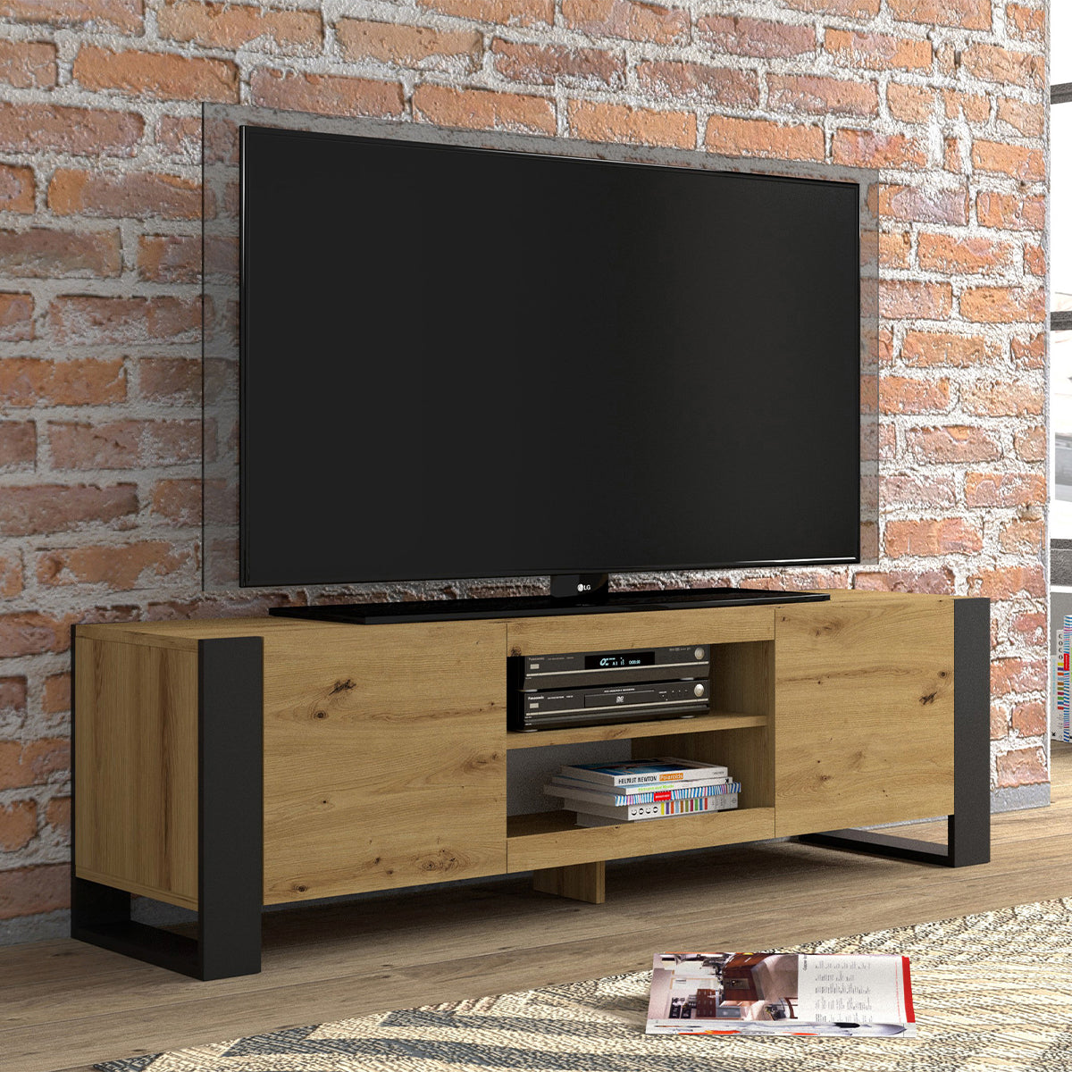 Meuble TV 2 portes 158 cm Gani Bois et Noir - vue 3