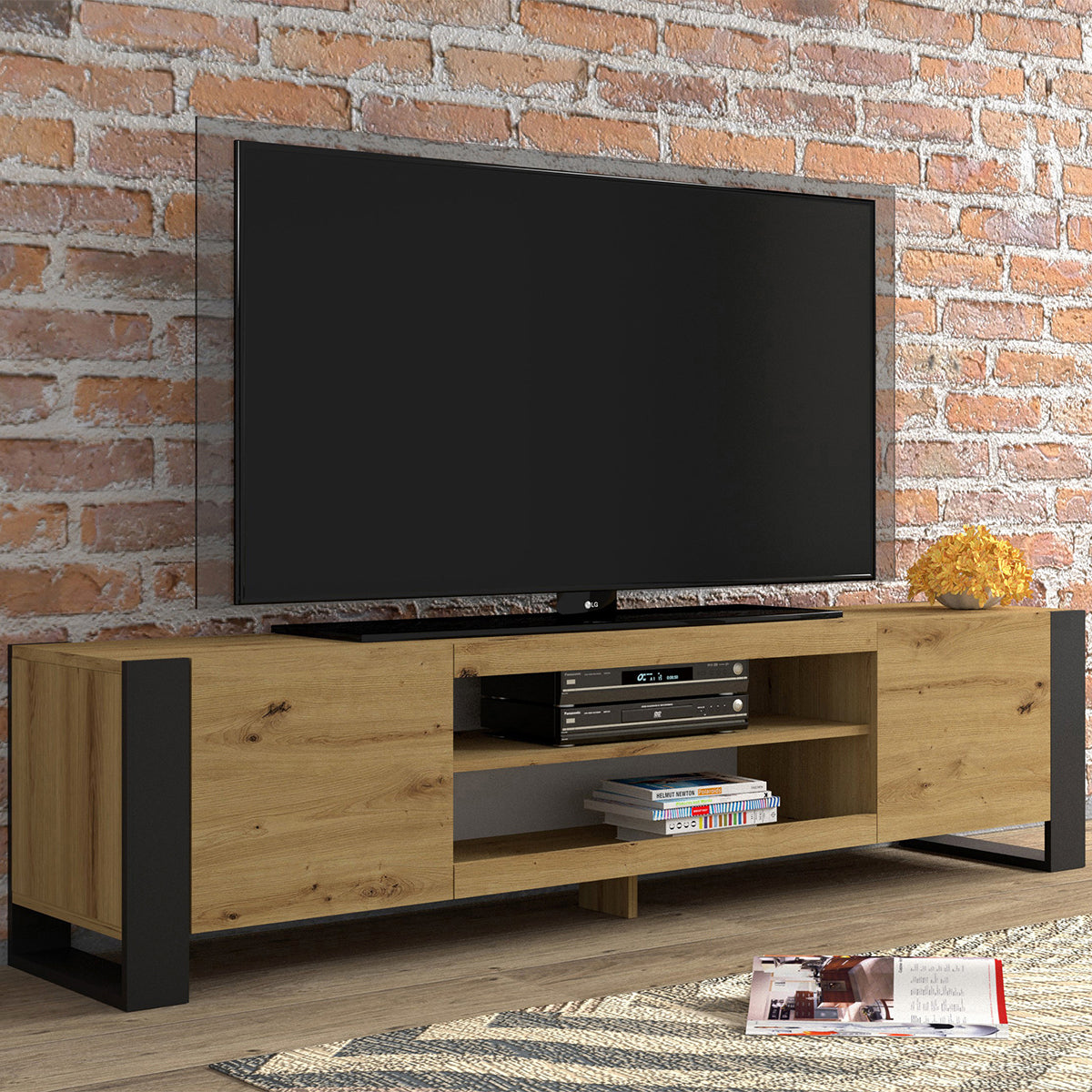 Meuble TV 2 portes 188 cm Gani Bois et Noir - vue 3
