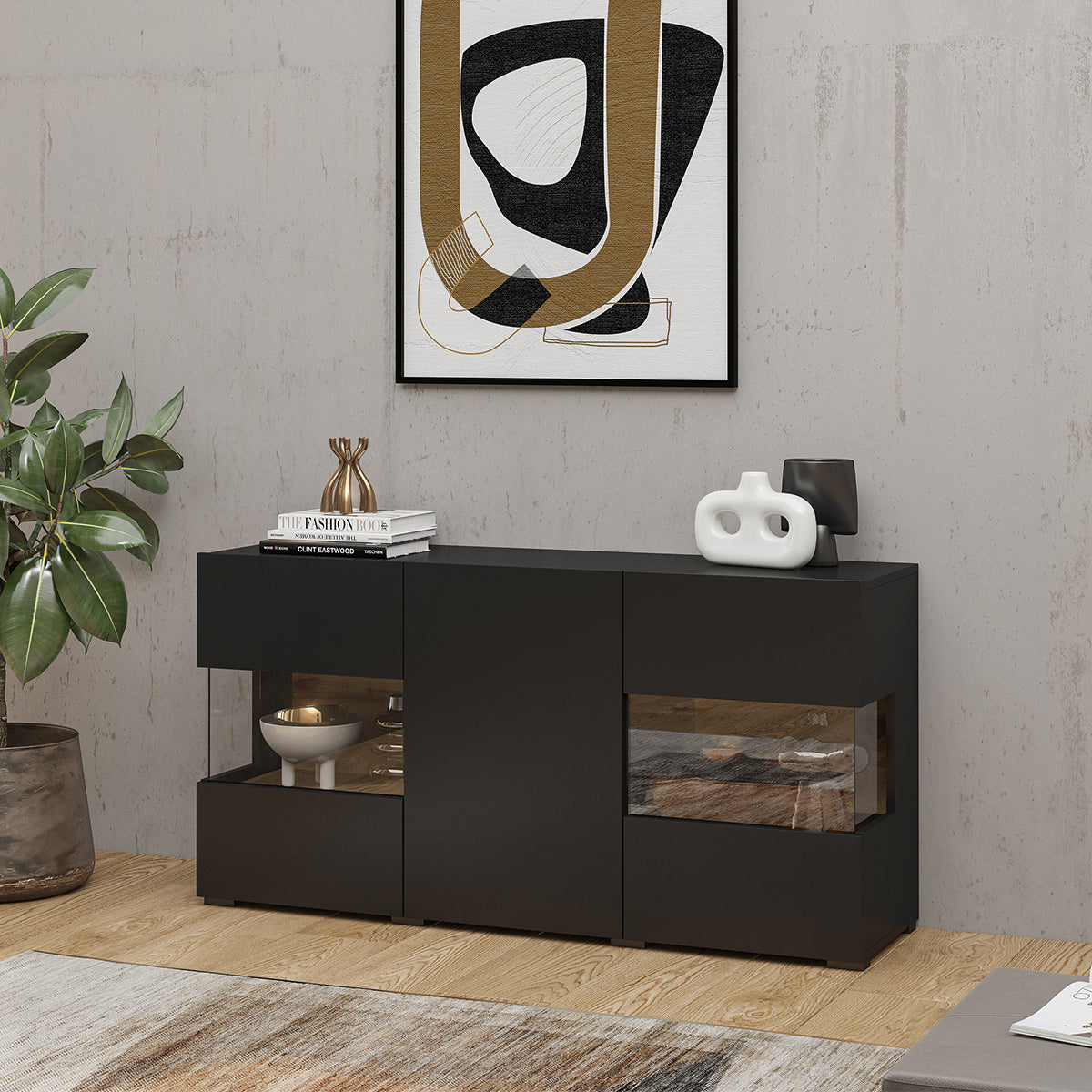 Buffet 3 portes Glora Noir et Bois - vue 4