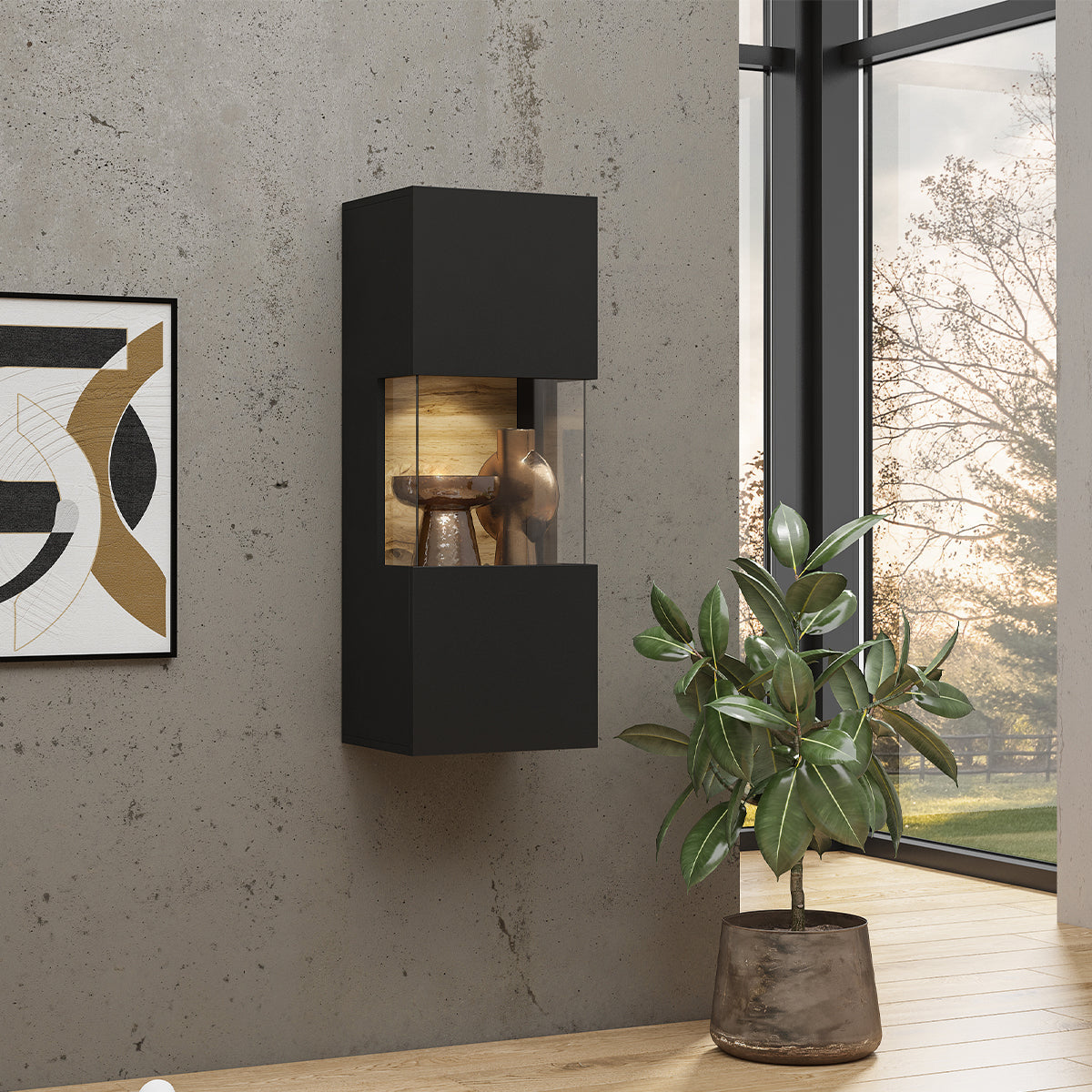 Vitrine murale 1 porte Glora Noir et Bois - vue 4